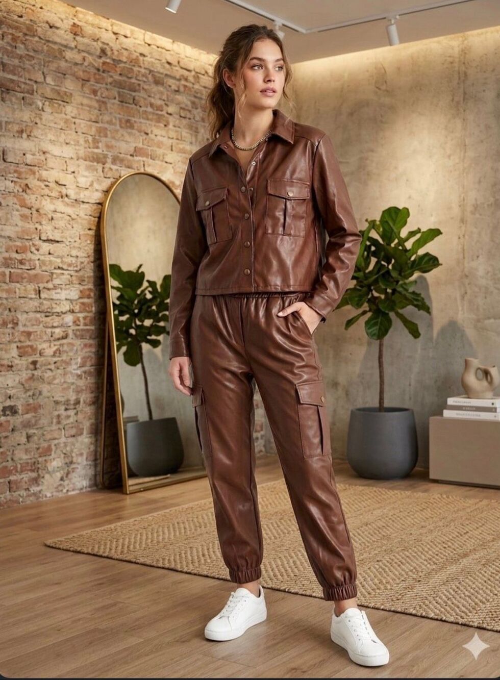 Brown Faux Leather Top and Pants Set